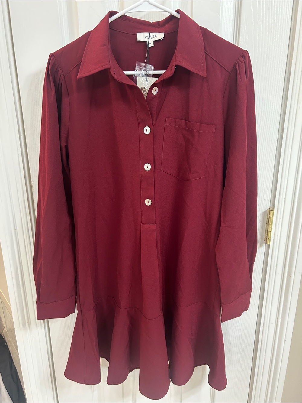 Avara Burgundy Button-Front Long-Sleeve Tunic